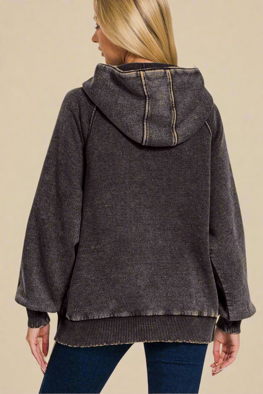 Zenana - Acid Wash Fleece Lined Hoodie in Ash Black