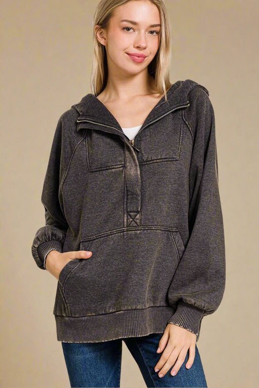 Zenana - Acid Wash Fleece Lined Hoodie in Ash Black