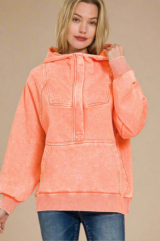 Zenana - Acid Wash Fleece Lined Hoodie in Coral