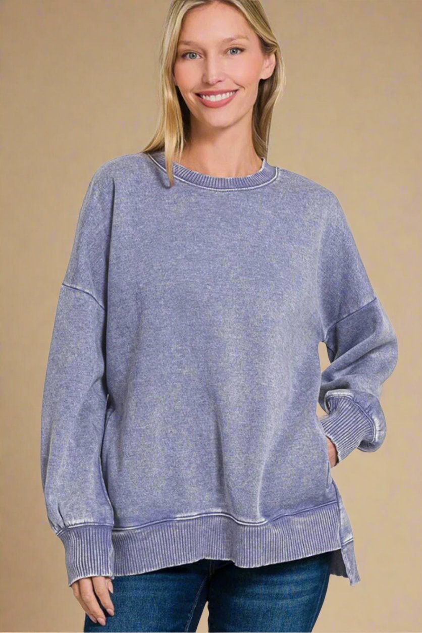 Zenana - Acid Wash Fleece Tunic Sweatshirt in Mauve