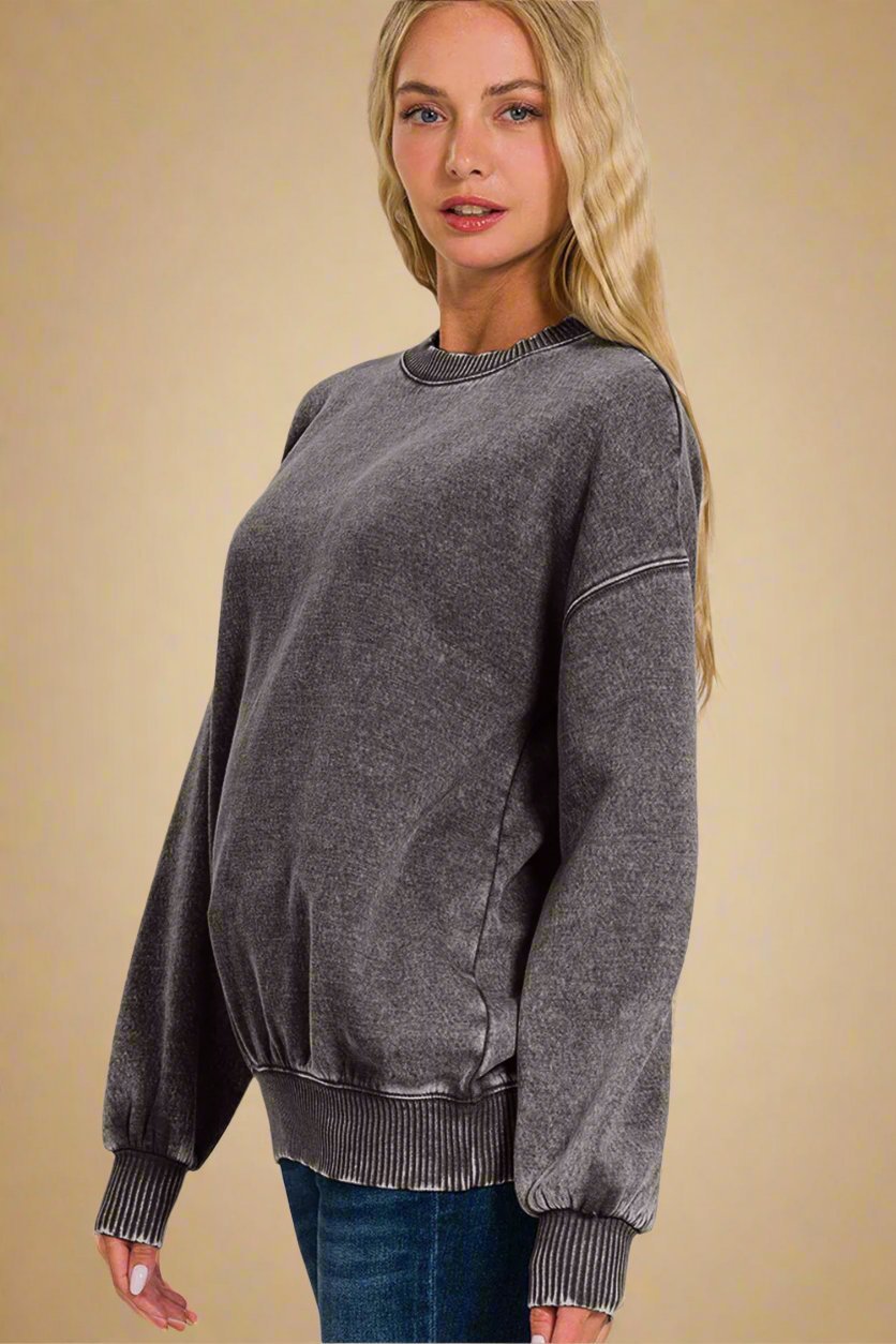 Zenana - Acid Wash Long Sleeve Fleece Sweatshirt in Ash Black