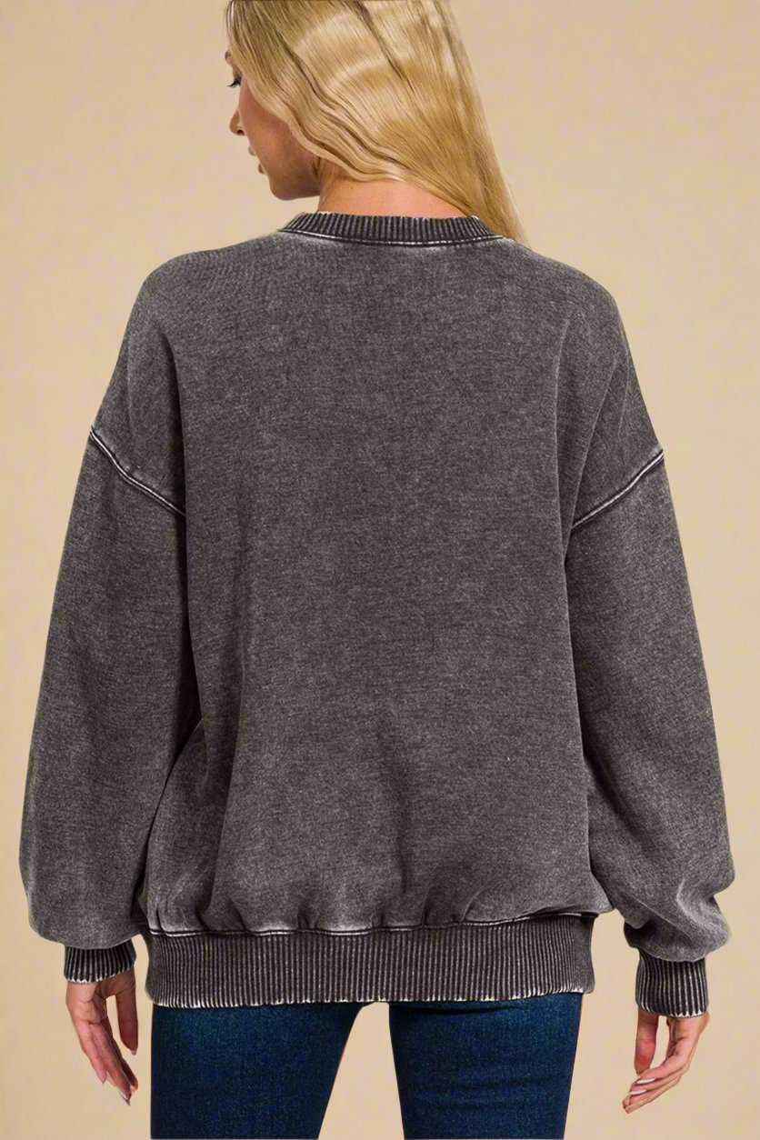 Zenana - Acid Wash Long Sleeve Fleece Sweatshirt in Ash Black