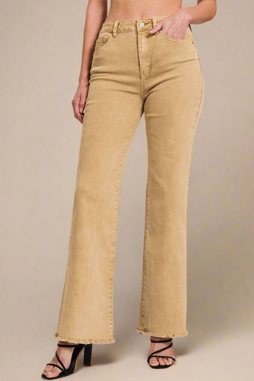 Zenana - Acid Washed Frayed Hem Bootcut Jeans in Light Caramel