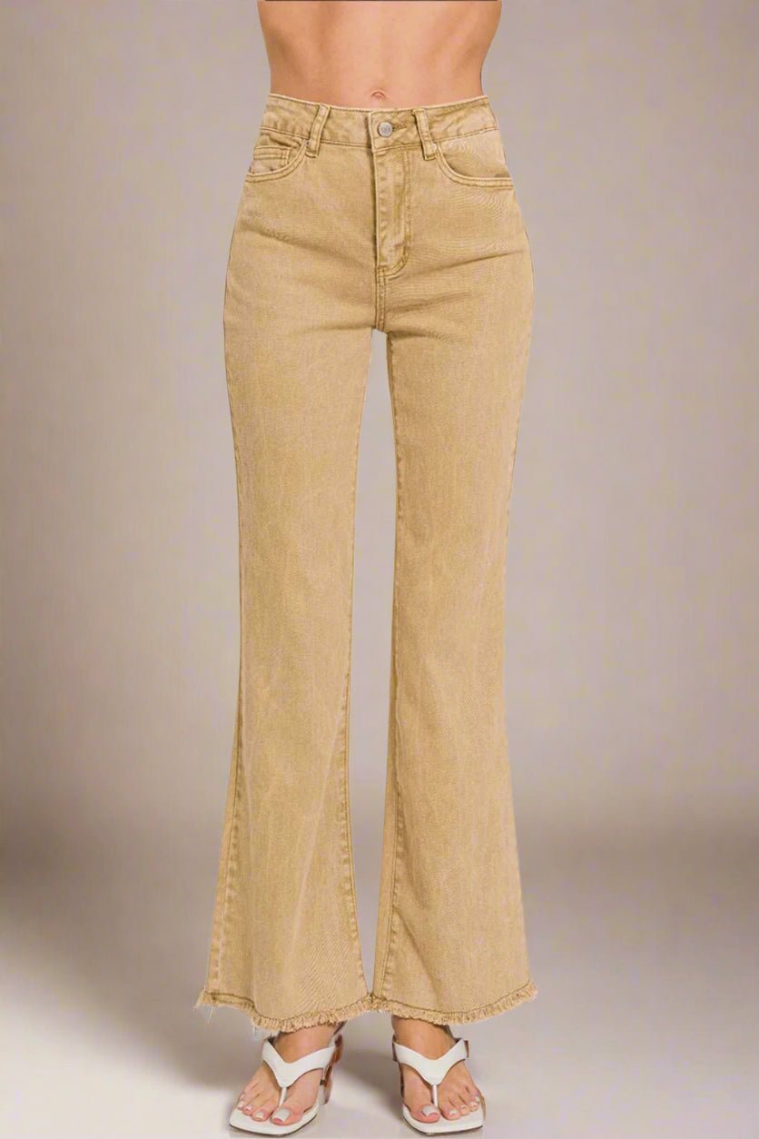 Zenana - Acid Washed Frayed Hem Bootcut Jeans in Light Caramel