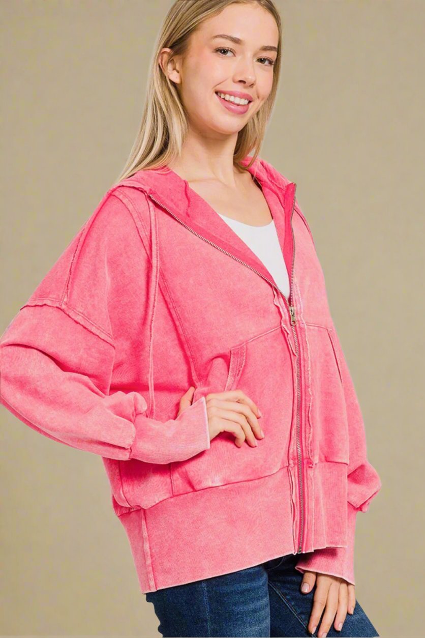 Zenana - Acid Washed French Terry Zip - Up Hoodie in Fuchsia