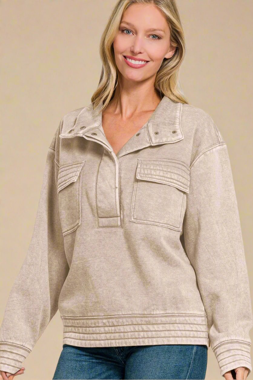 Zenana - Acid Washed Half Snap Fleece Sweatshirt in Ash Mocha