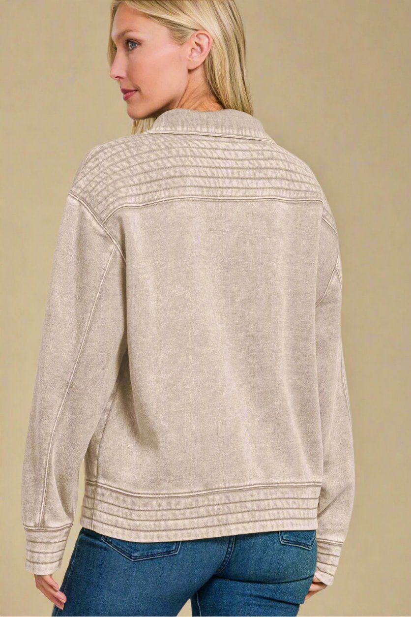 Zenana - Acid Washed Half Snap Fleece Sweatshirt in Ash Mocha