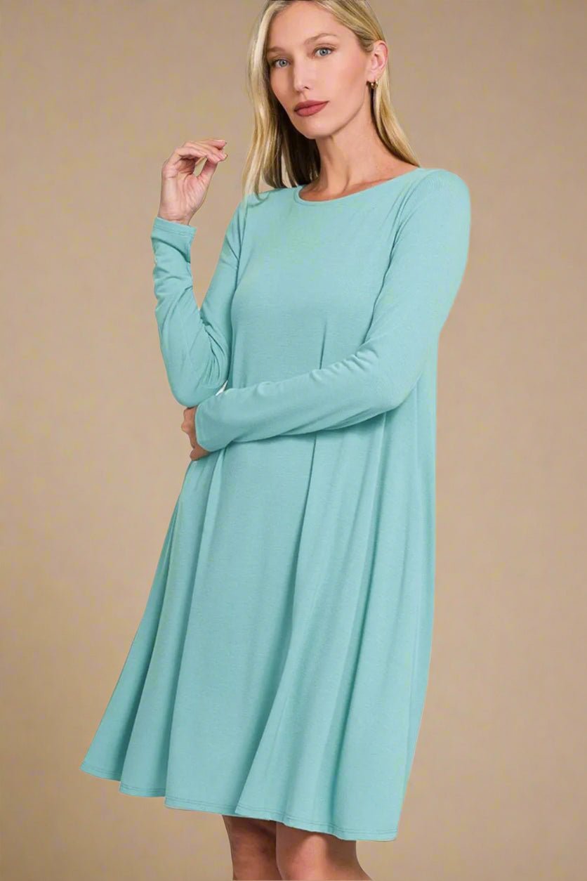 Zenana - Aqua Long Sleeve Swing Mini Dress