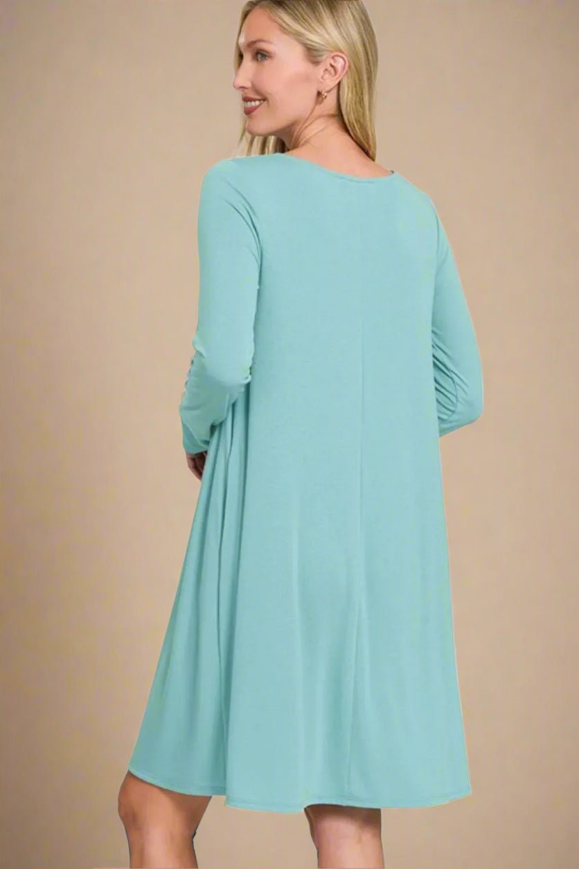 Zenana - Aqua Long Sleeve Swing Mini Dress