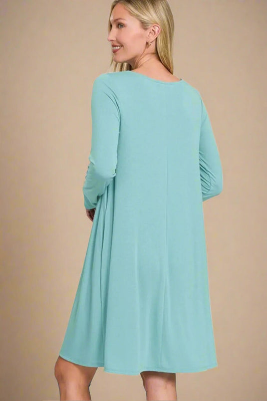 Zenana - Aqua Long Sleeve Swing Mini Dress