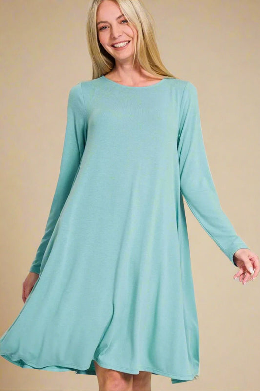 Zenana - Aqua Long Sleeve Swing Mini Dress