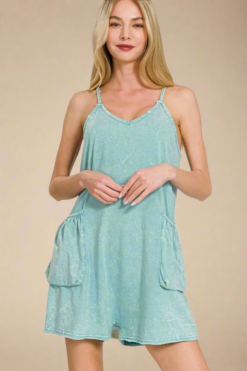 Zenana - Aqua Washed Pocket Cami Romper