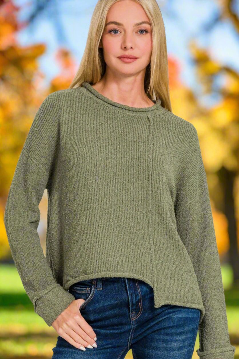 Zenana - Asymmetric Hem Drop Shoulder Sweater in Light Olive