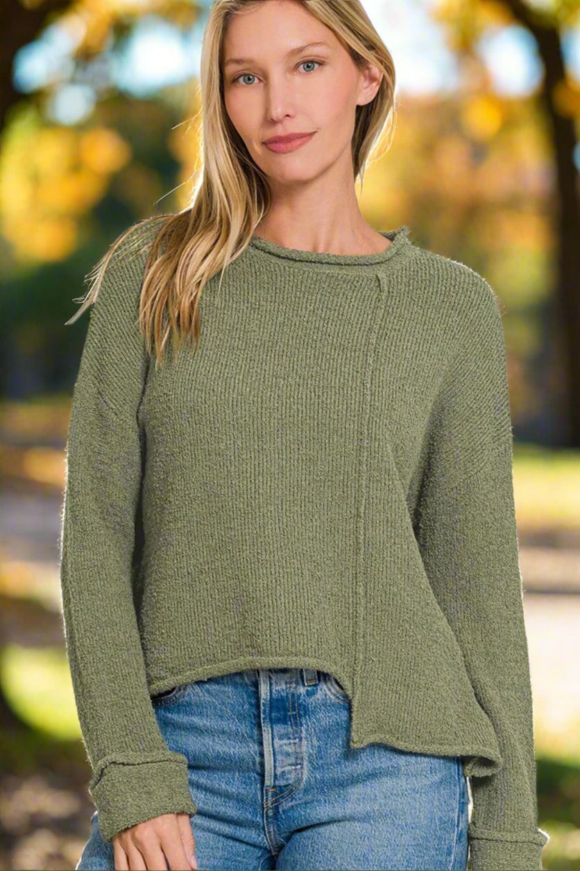 Zenana - Asymmetric Hem Drop Shoulder Sweater in Light Olive