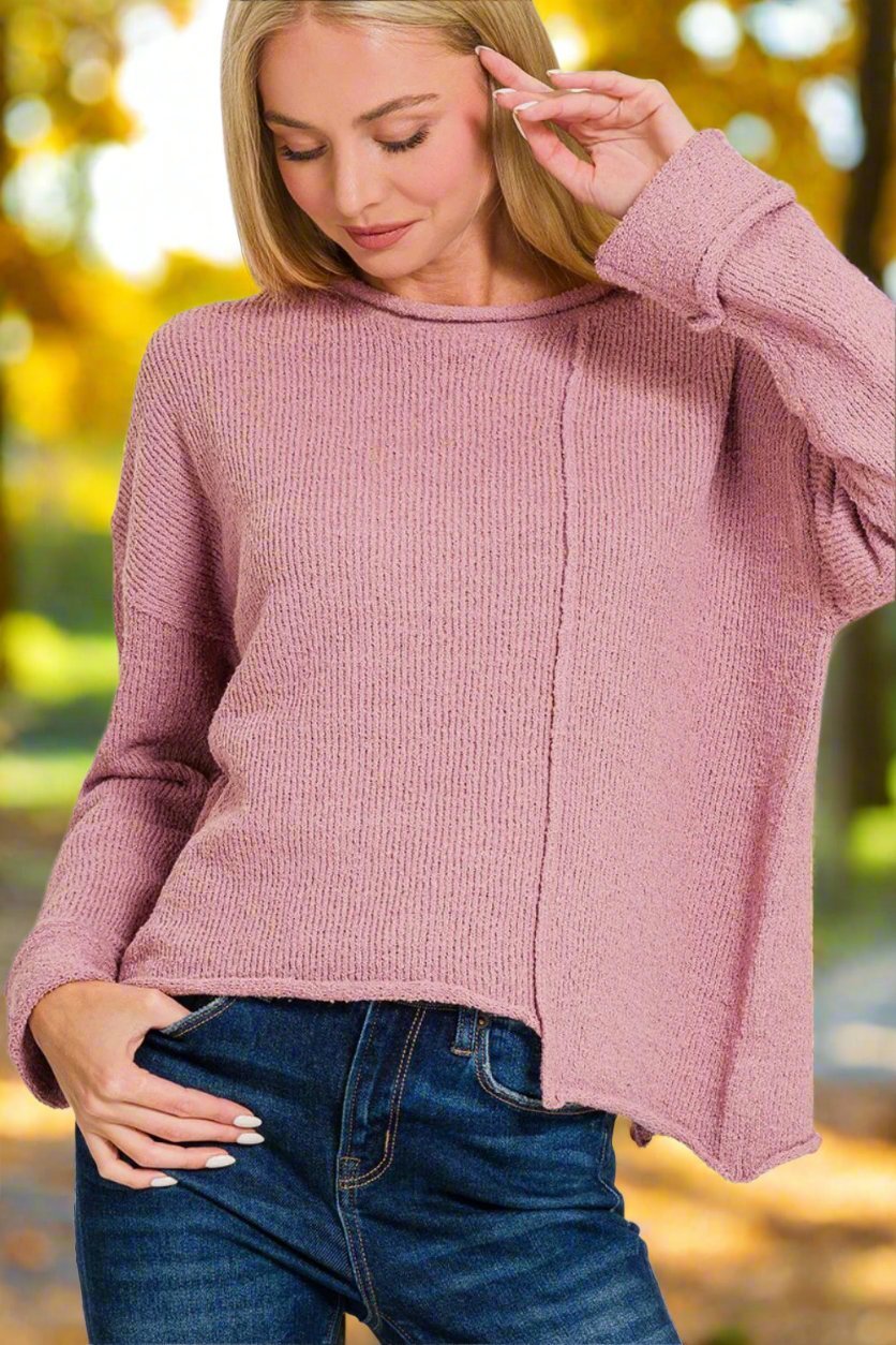 Zenana - Asymmetric Hem Drop Shoulder Sweater in Light Rose