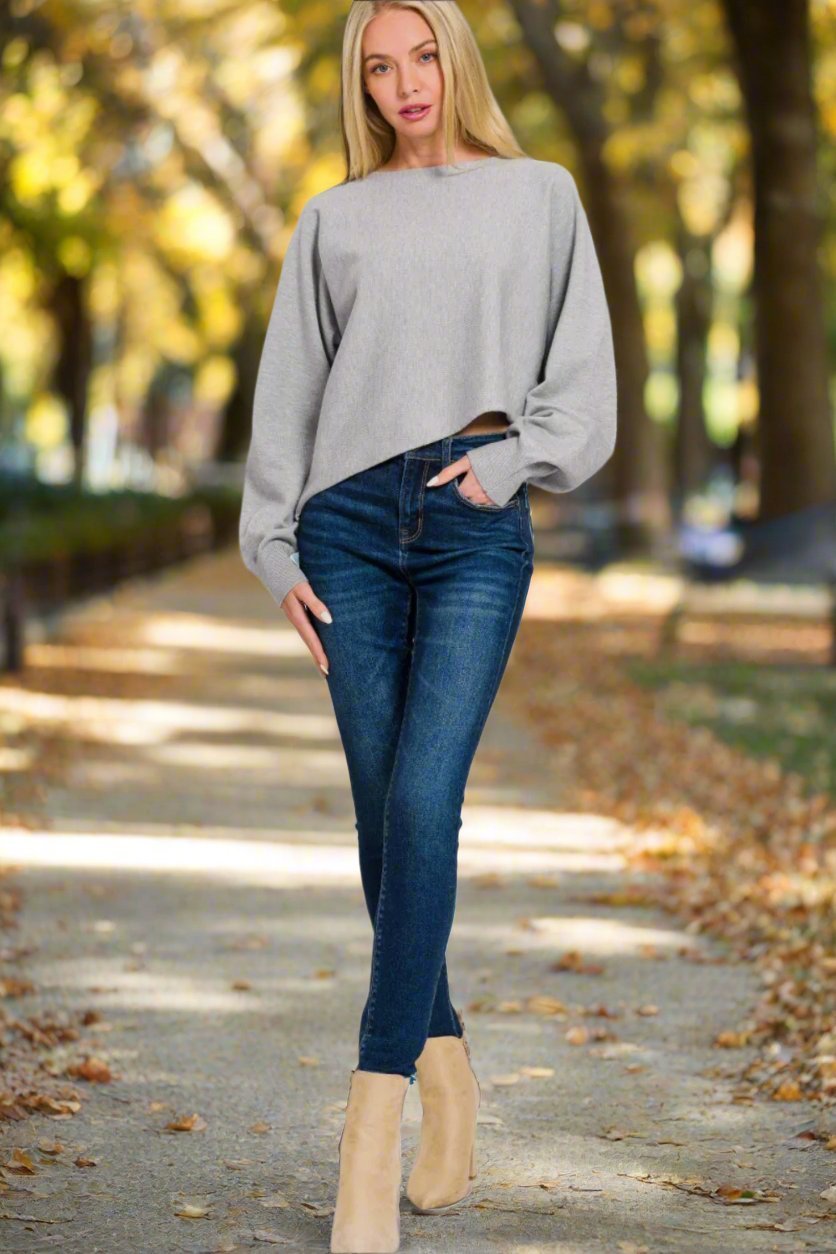 Zenana - Asymmetric Hem Long Sleeve Sweater in Heather Grey