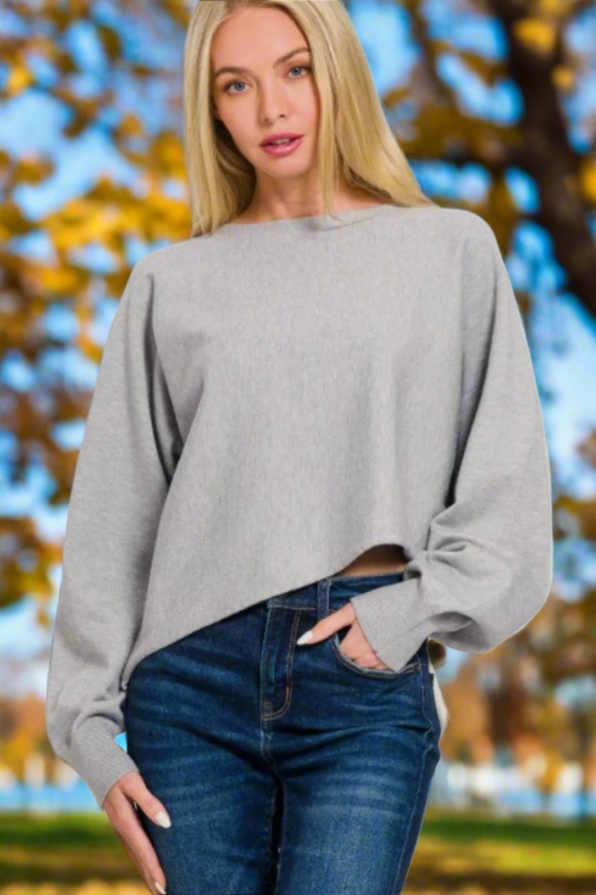 Zenana - Asymmetric Hem Long Sleeve Sweater in Heather Grey