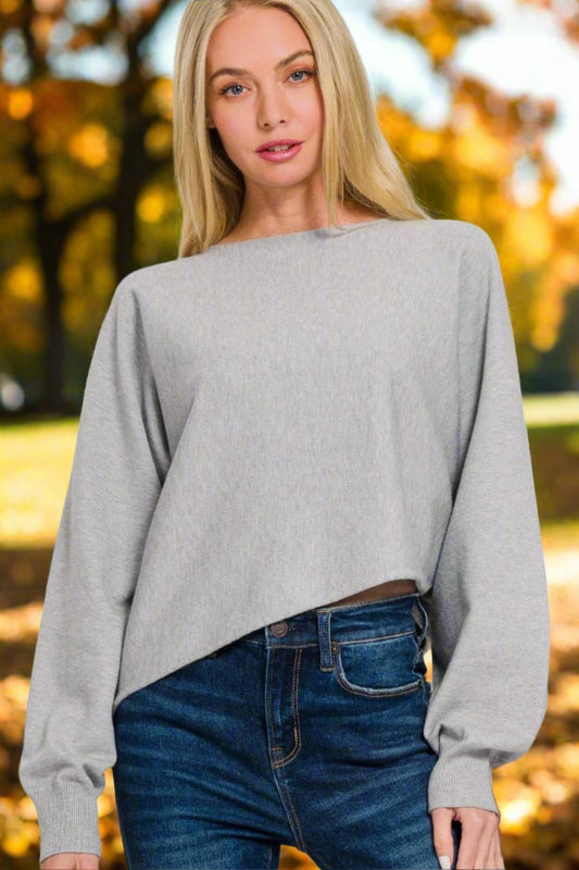 Zenana - Asymmetric Hem Long Sleeve Sweater in Heather Grey