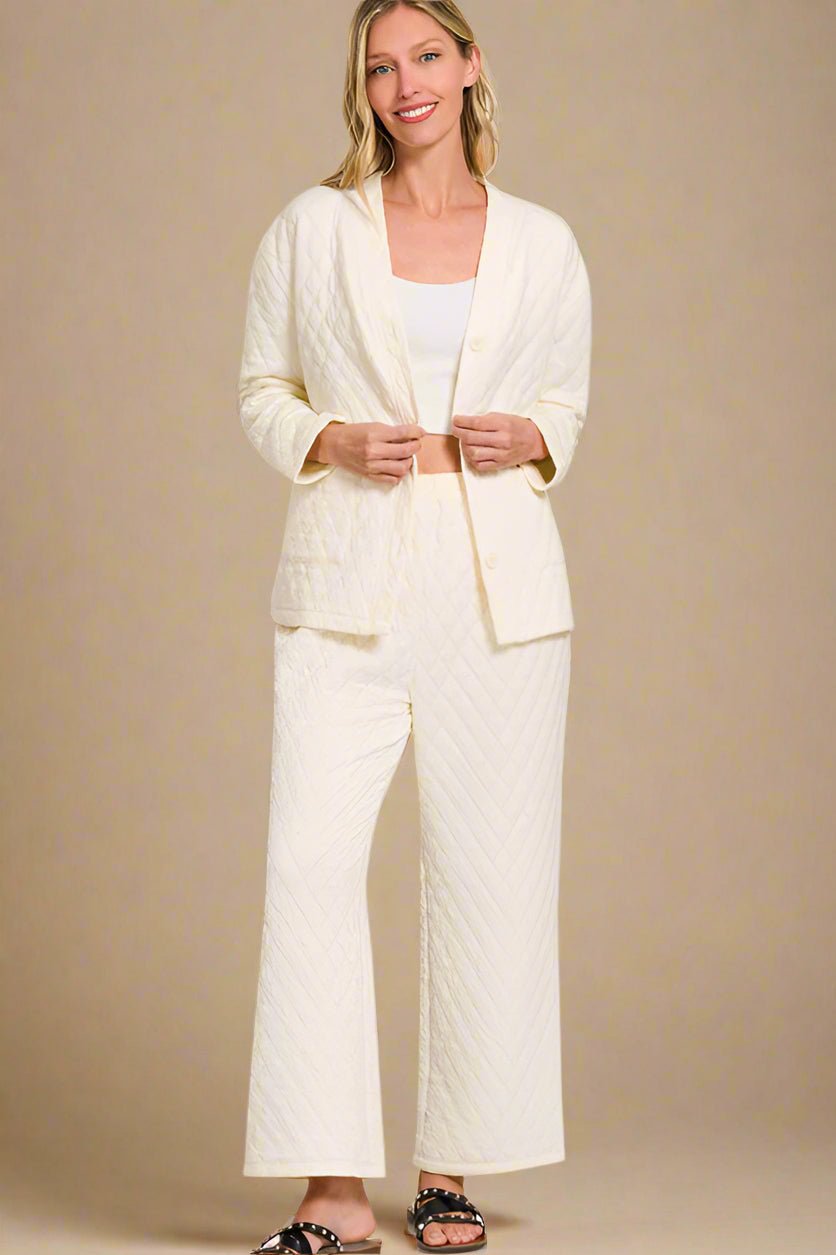 Zenana - Beige Quilted Long Sleeve Top & Pants Lounge Set