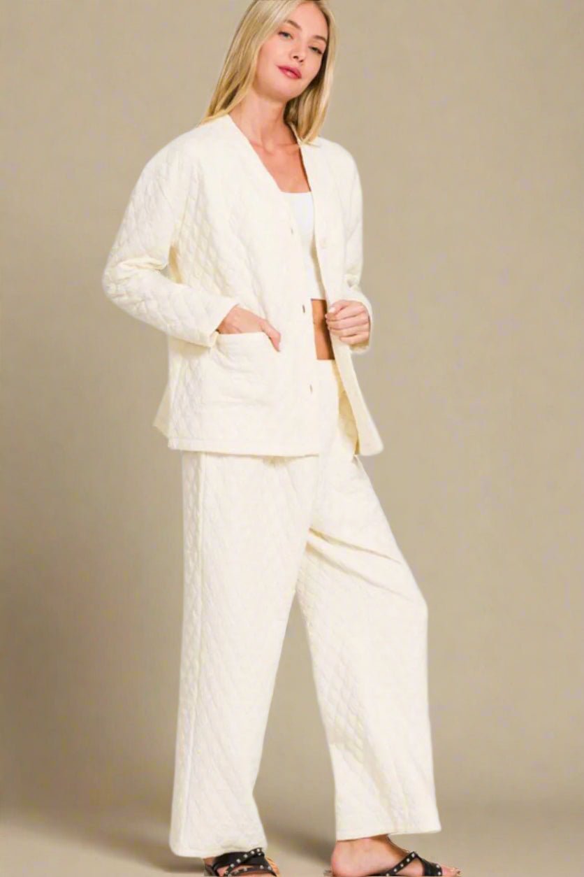 Zenana - Beige Quilted Long Sleeve Top & Pants Lounge Set