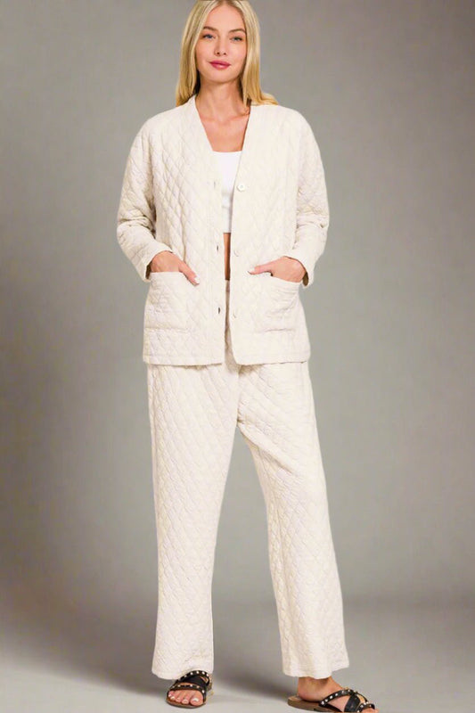 Zenana - Beige Quilted Long Sleeve Top & Pants Lounge Set