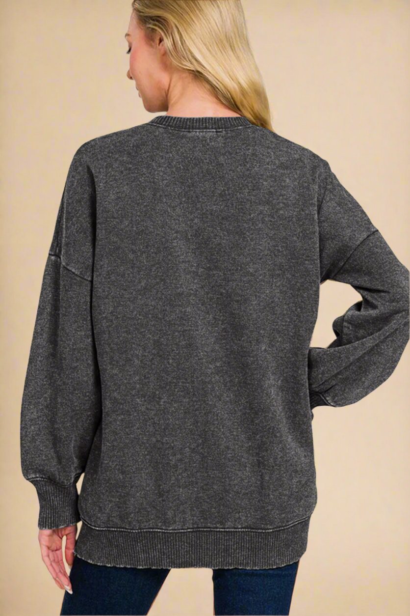 Zenana - Black Acid Wash Fleece Tunic Sweatshirt