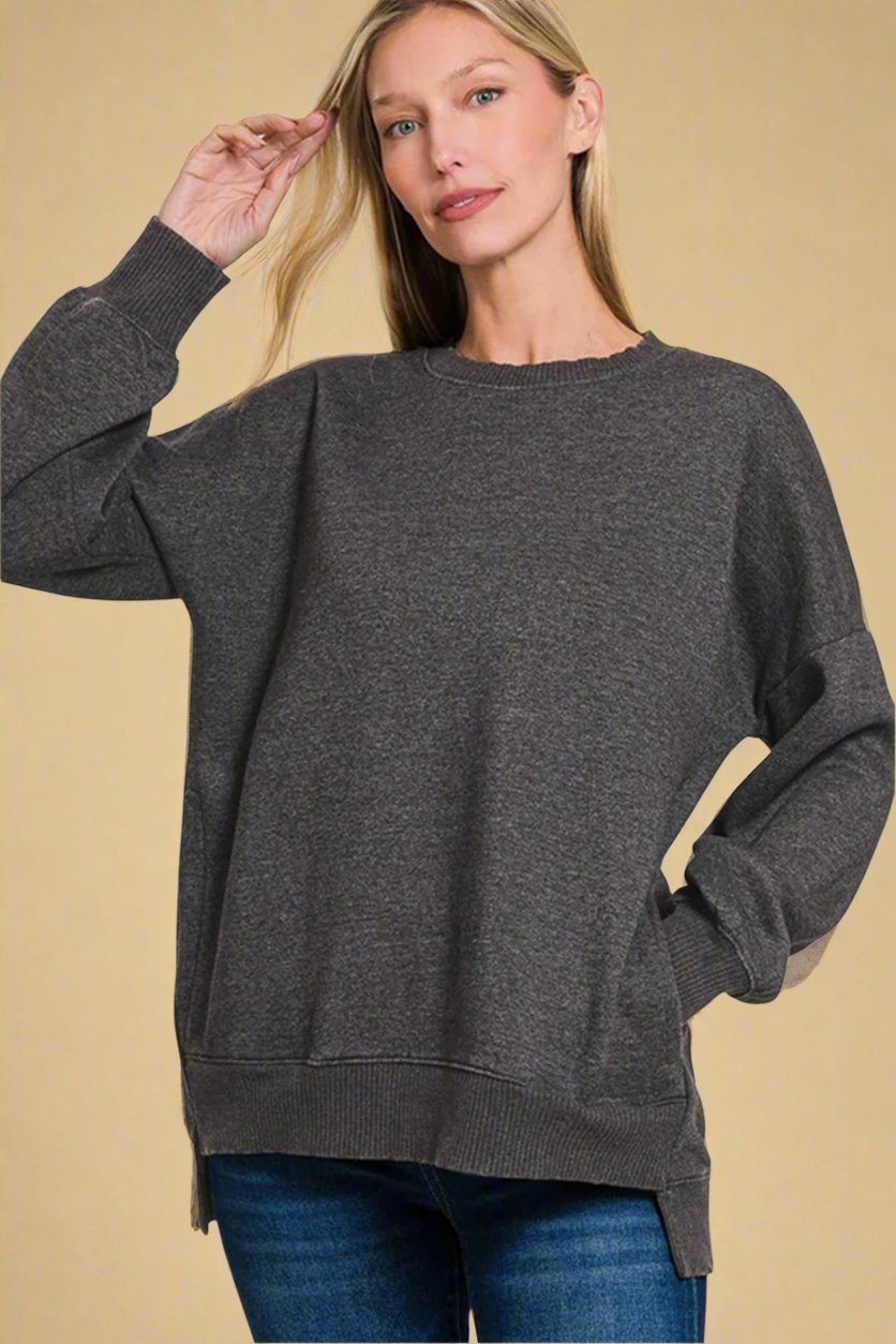 Zenana - Black Acid Wash Fleece Tunic Sweatshirt