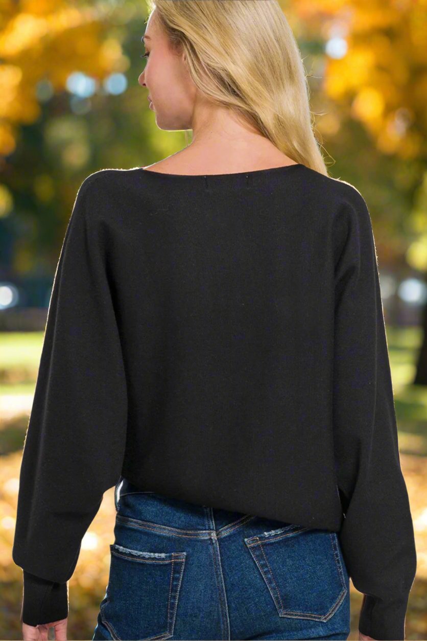 Zenana - Black Asymmetric Hem Long Sleeve Sweater