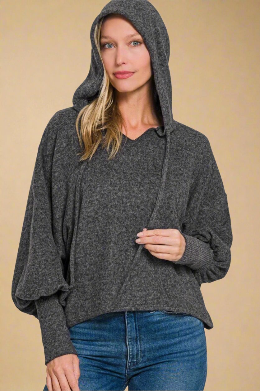 Zenana - Black Brushed Hacci Drop Shoulder Cropped Hoodie