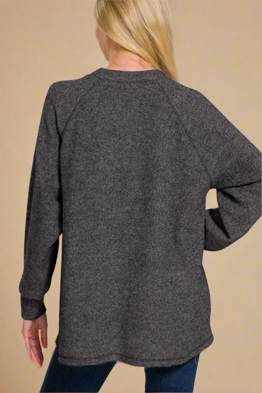 Zenana - Black Brushed Hacci Knit High - Low Hem Sweater