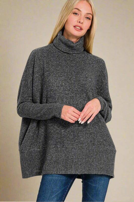 Zenana - Black Brushed Hacci Turtleneck Sweater