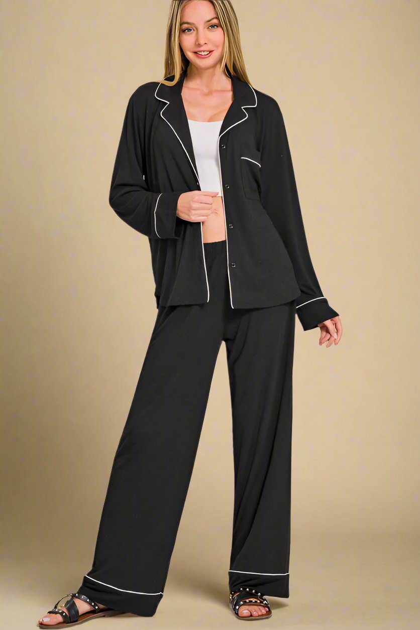 Zenana - Black Button Down Long Sleeve Top & Pants Lounge Set