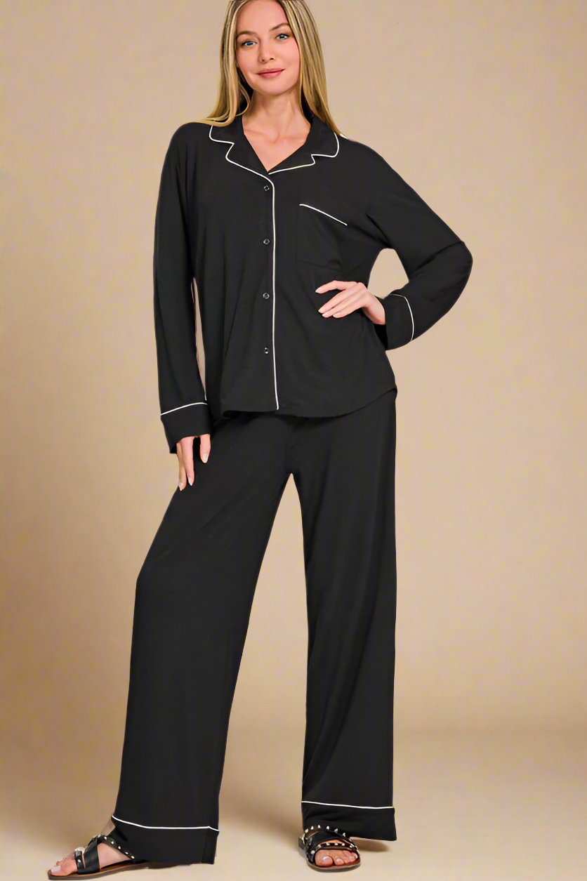 Zenana - Black Button Down Long Sleeve Top & Pants Lounge Set