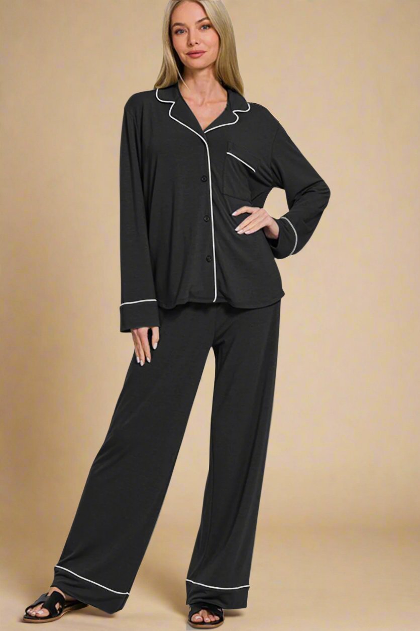 Zenana - Black Button Down Long Sleeve Top & Pants Lounge Set