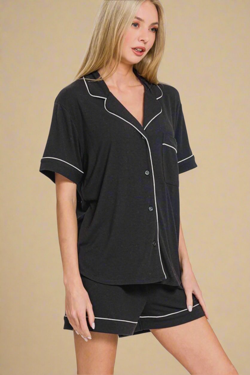 Zenana - Black Button Down Top and Shorts Lounge Set