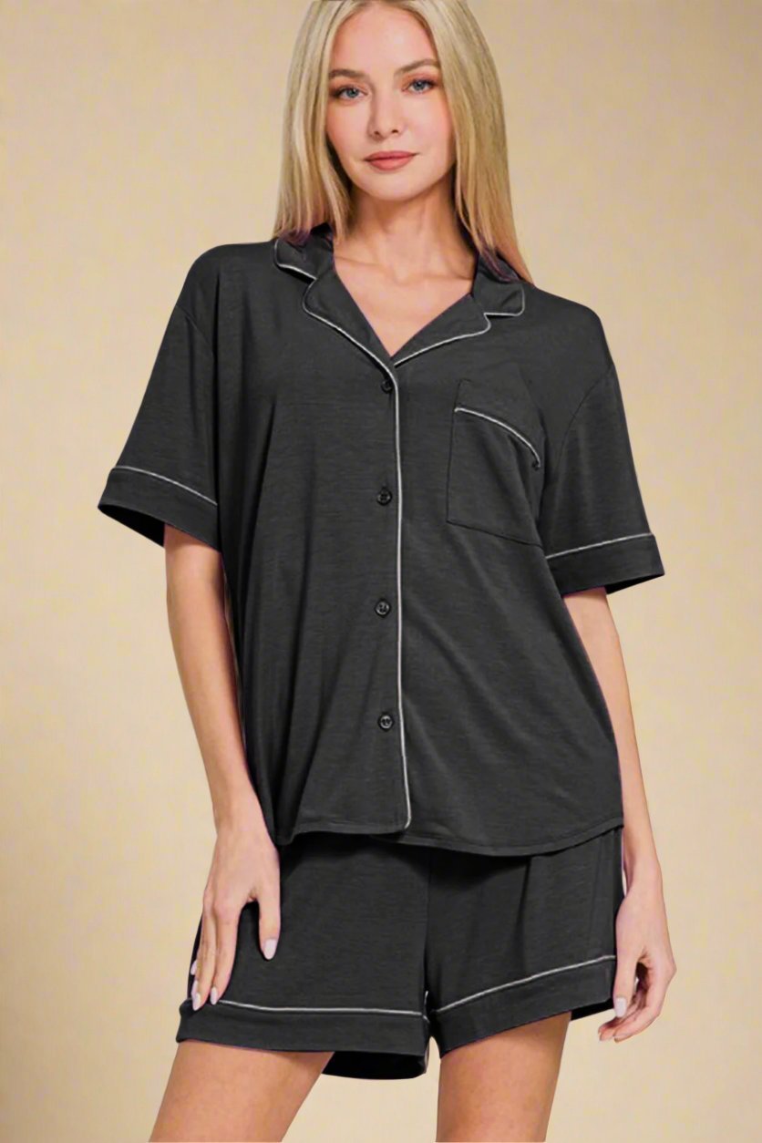 Zenana - Black Button Down Top and Shorts Lounge Set