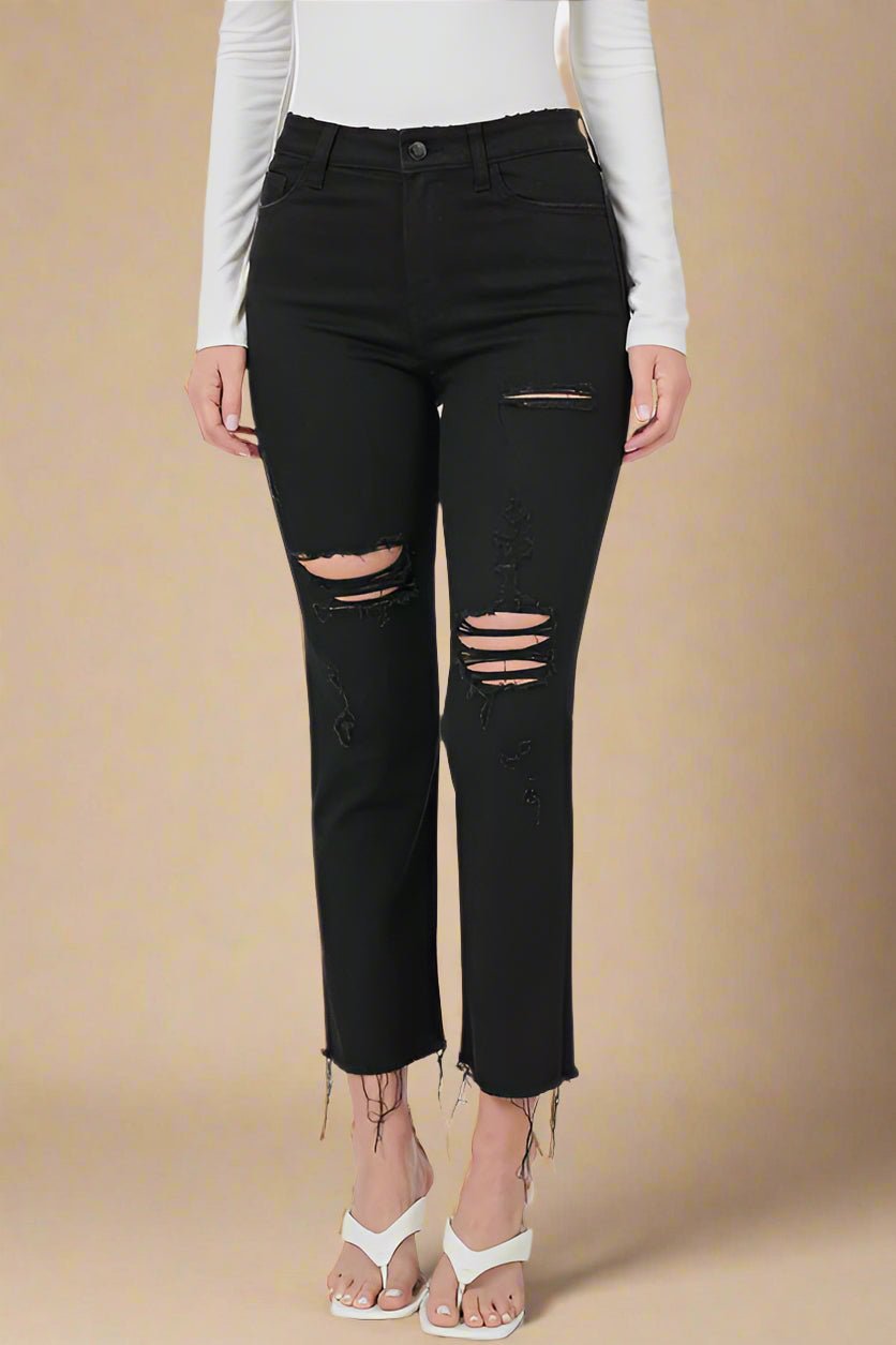 Zenana - Black Distressed Raw Hem Cropped Jeans