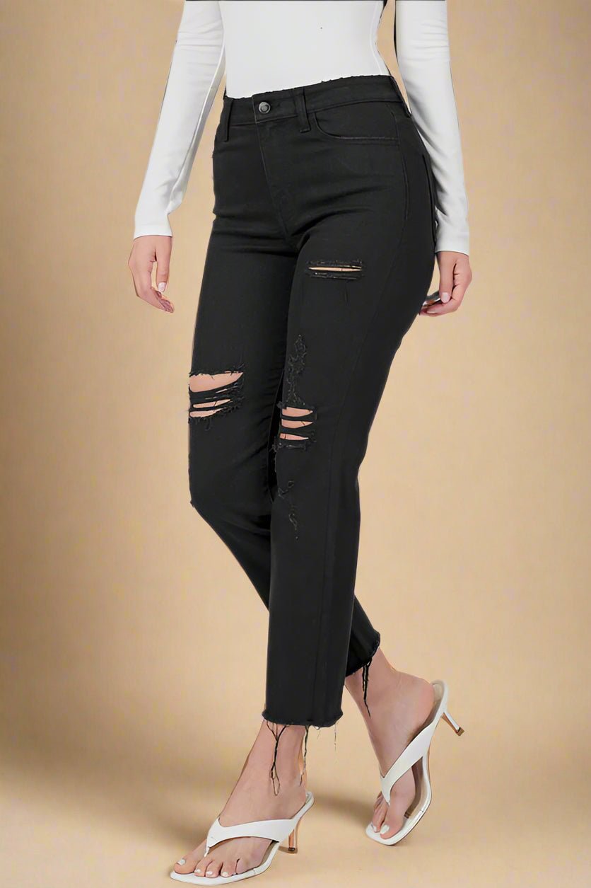 Zenana - Black Distressed Raw Hem Cropped Jeans