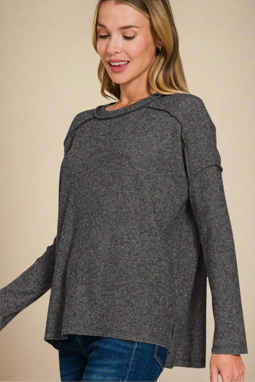 Zenana - Black Exposed Seams Brushed Sweater