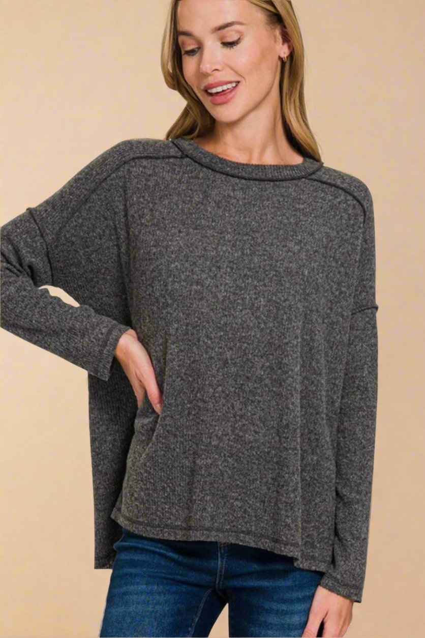 Zenana - Black Exposed Seams Brushed Sweater