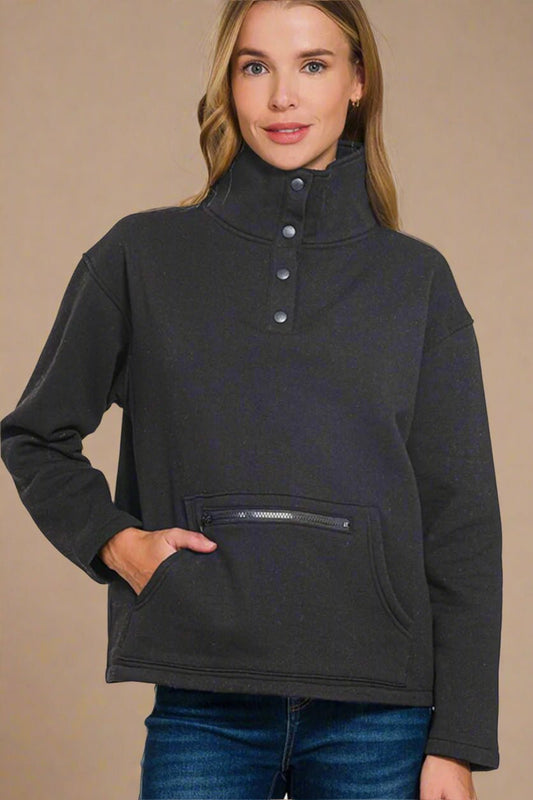 Zenana - Black Half Snap Fleece Sweatshirt