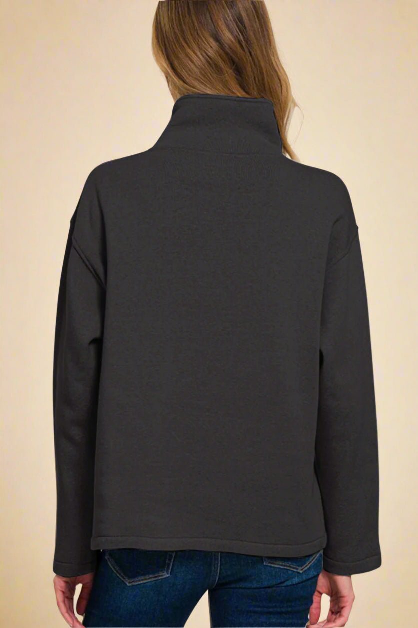 Zenana - Black Half Snap Fleece Sweatshirt