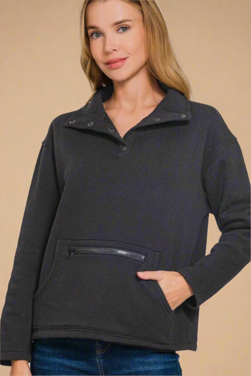 Zenana - Black Half Snap Fleece Sweatshirt