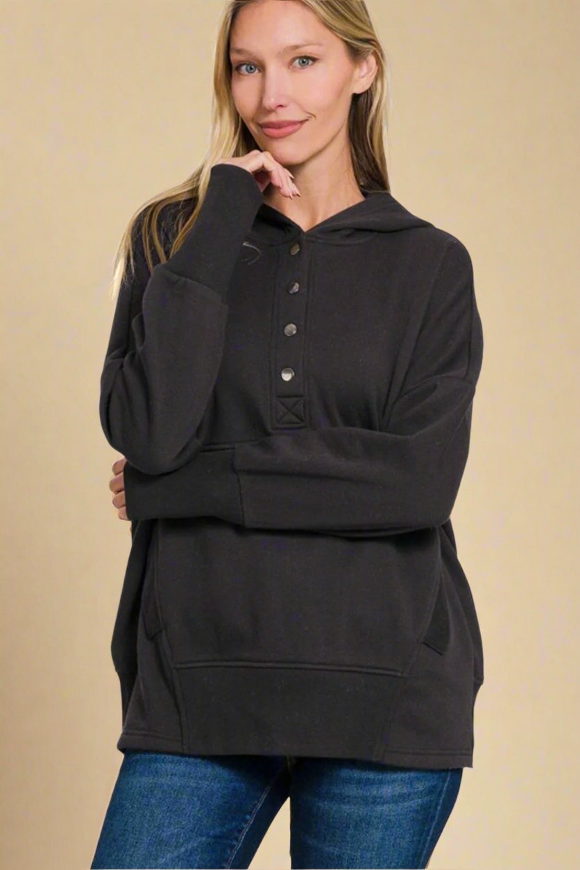 Zenana - Black Half Snap Long Sleeve Hoodie