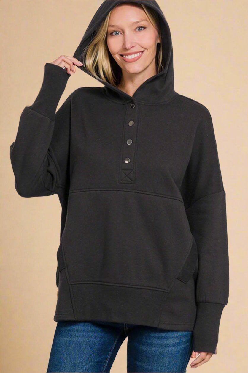 Zenana - Black Half Snap Long Sleeve Hoodie