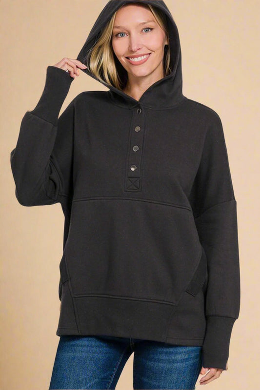 Zenana - Black Half Snap Long Sleeve Hoodie