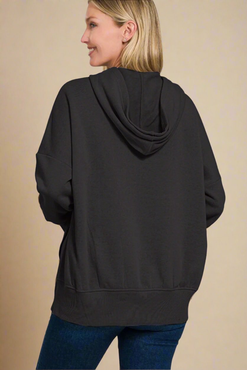 Zenana - Black Half Snap Long Sleeve Hoodie