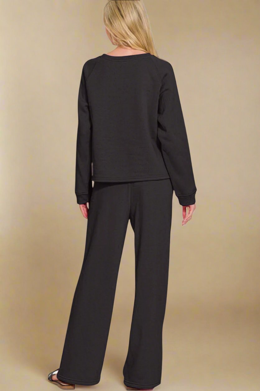 Zenana - Black Long Sleeve Top and Elastic Waist Pants Set