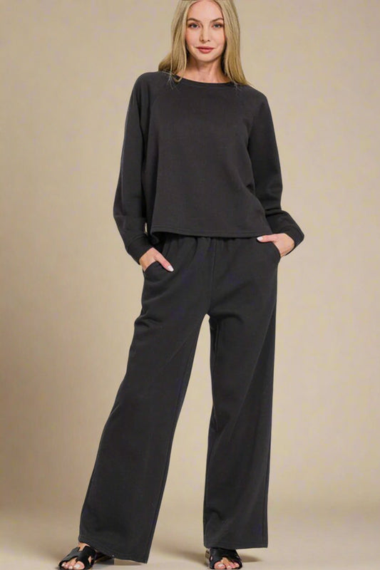 Zenana - Black Long Sleeve Top and Elastic Waist Pants Set