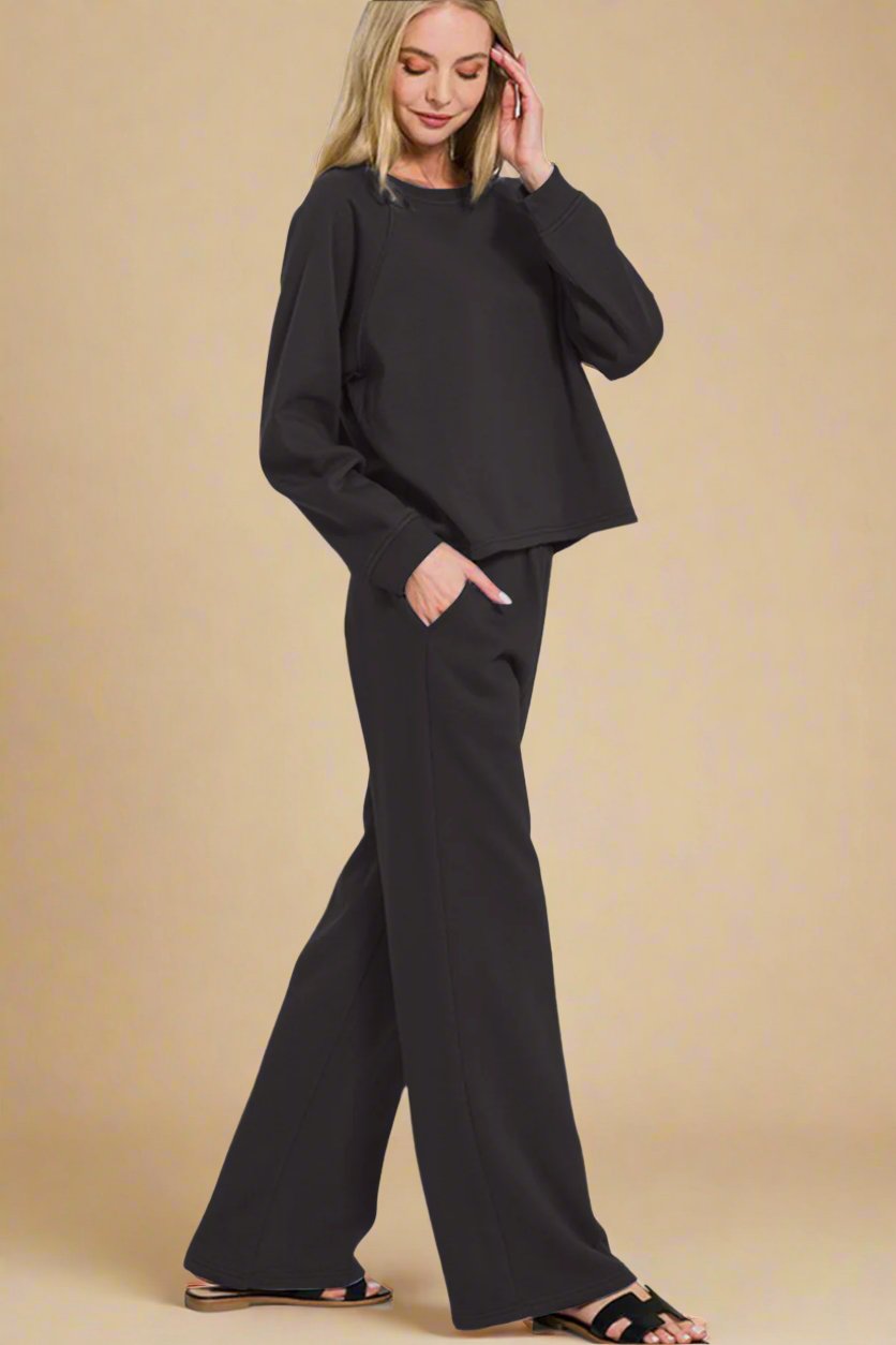 Zenana - Black Long Sleeve Top and Elastic Waist Pants Set